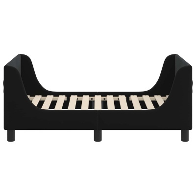 Cama individual estofada preta com estrutura de madeira clara