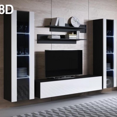 Conjunto de móveis modernos para sala com armários altos com vidro, prateleiras e móvel baixo para TV