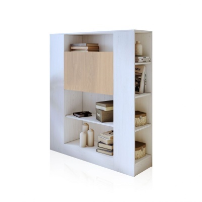 Estante de madeira branca com prateleiras e porta em madeira clara