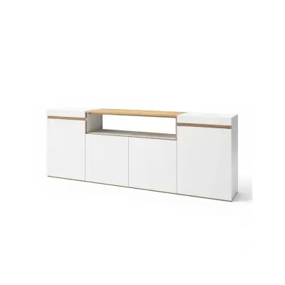 Móvel de arrumação branco com detalhes em madeira clara e várias portas.