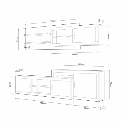 Desenho técnico em preto e branco de móveis para televisão com prateleiras e portas