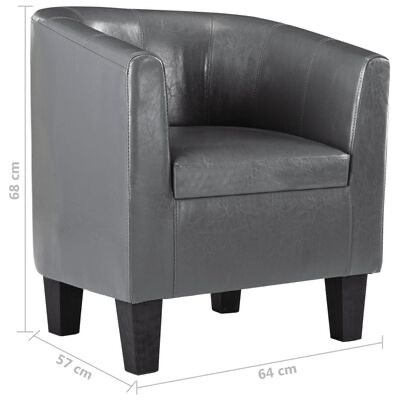 Poltrona cinza de couro sintético sobre fundo branco com pés pretos e dimensões indicadas.