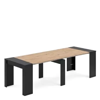 Mesa de escritório com tampo de madeira clara e pernas largas pretas
