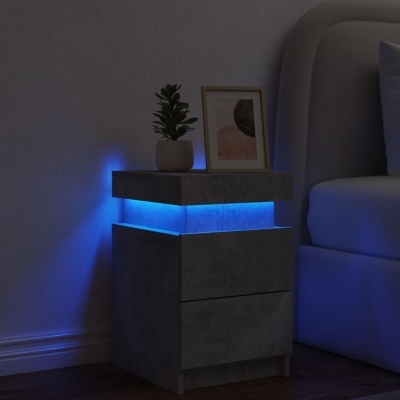 Mesa de cabeceira cinzenta com luz LED azul, vaso com planta e quadro decorativo