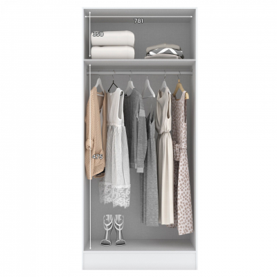 Guarda-roupa branco com toalhas, almofadas, vestidos e sandálias