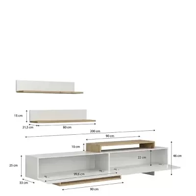 Conjunto de móveis de parede branco e madeira clara com medidas