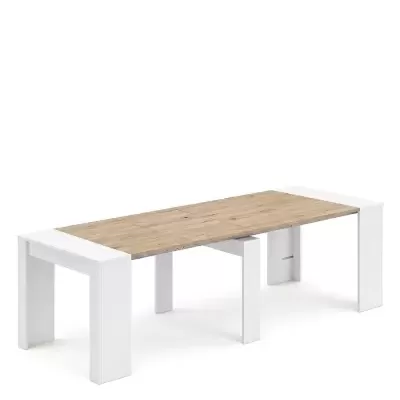 Mesa extensível com tampo de madeira clara e pernas brancas