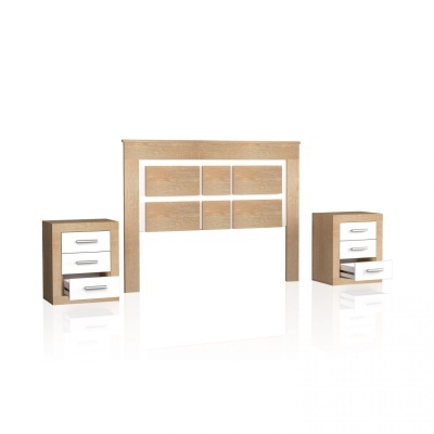 Conjunto de cabeceira e mesas de cabeceira em madeira clara e branca com gavetas