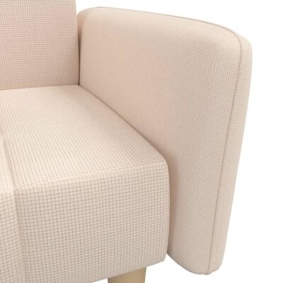 Sofá de canto bege claro com padrão quadriculado e pernas de madeira