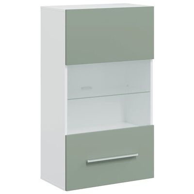 Armário de parede branco com portas verdes e prateleira de vidro
