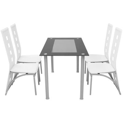 Conjunto de mesa de jantar com tampo em vidro preto e quatro cadeiras brancas.