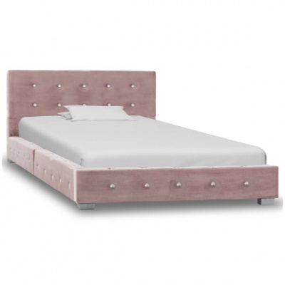 Cama de casal estofada rosa claro com botões prateados e colchão branco