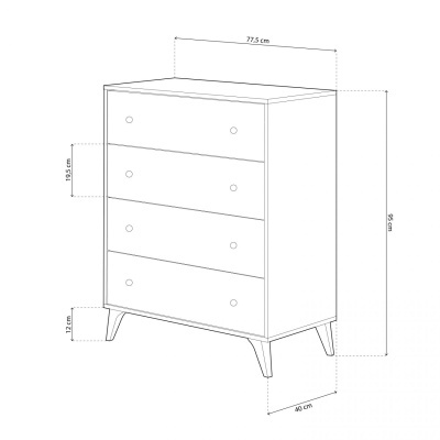 móvel com quatro gavetas e medidas indicadas, cor clara, design simples
