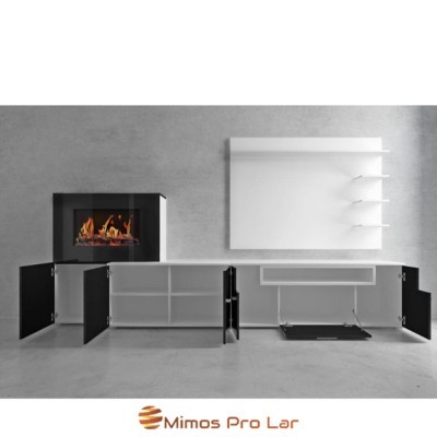 Móvel de sala moderno branco com lareira preta embutida e prateleira suspensa