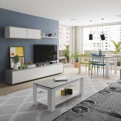 Sala de estar moderna com móveis brancos e cinza, cadeiras coloridas e plantas junto a janelas grandes