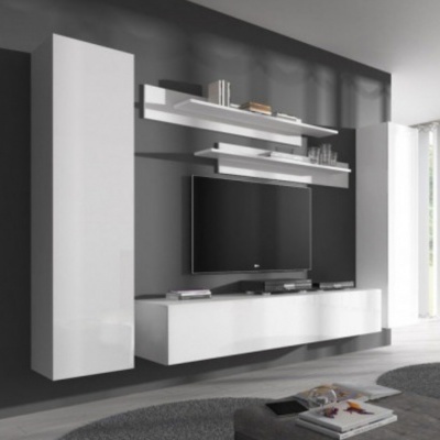 Conjunto de móveis suspensos brancos com televisão numa sala moderna