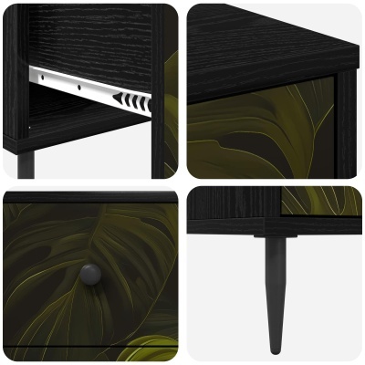 Mesa de centro preta com padrão de folhas verdes
