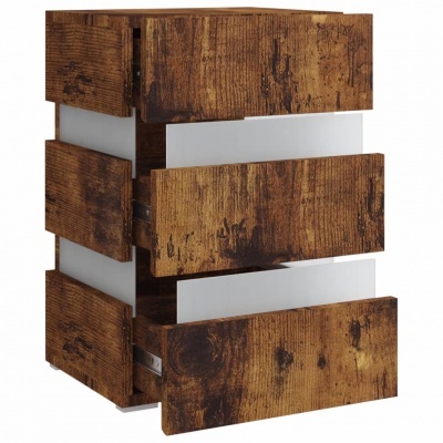 Mesa de apoio de madeira castanha rústica com painéis espessos e espaços brancos