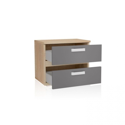 Móvel de arrumação com duas gavetas cinzentas e estrutura em madeira clara