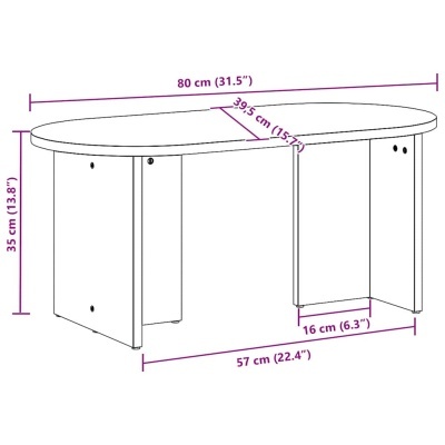 Mesa branca de madeira com tampo oval e medidas destacadas.