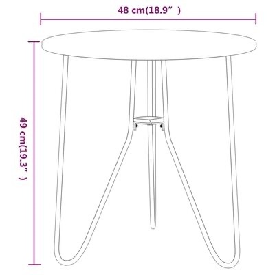Esquema de mesa redonda branca com três pernas curvas e dimensões anotadas