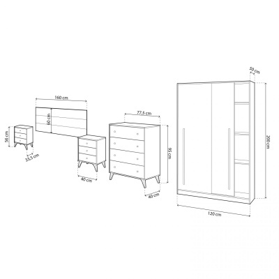 Desenho técnico a preto de conjunto de móveis de quarto com medidas em centímetros