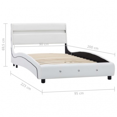 Cama articulada branca com detalhes pretos e ripas de madeira, com dimensões indicadas