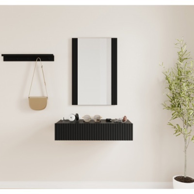 Espelho e prateleira pretos com acessórios e planta num ambiente minimalista