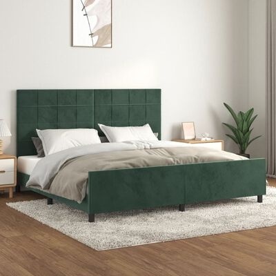 Cama de casal estofada verde escuro com cabeceira acolchoada numa sala minimalista