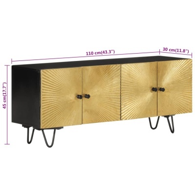 Aparador preto com portas douradas texturizadas e pernas pretas metálicas