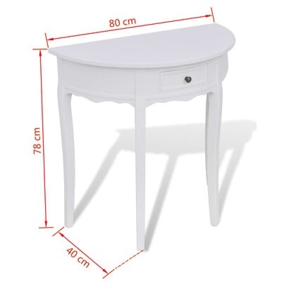 Mesa de consola branca semi-circular com uma gaveta e puxador metálico