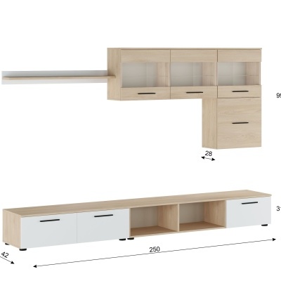 Conjunto de móveis para sala em madeira clara e branco com portas de vidro fumado e puxadores pretos