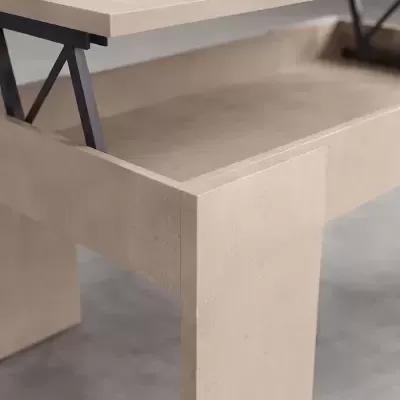 Mesa de centro bege com tampo móvel e estrutura metálica preta