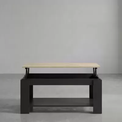 Mesa de centro preta com tampo de madeira clara elevável e compartimento interior