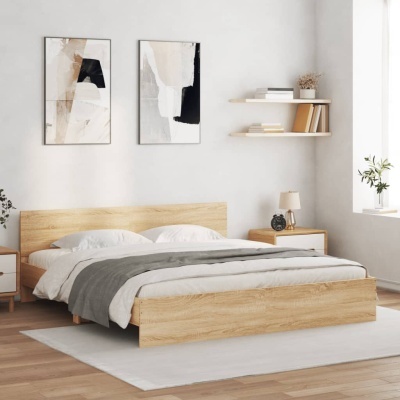 Quarto com cama de madeira clara e decoração minimalista em tons neutros