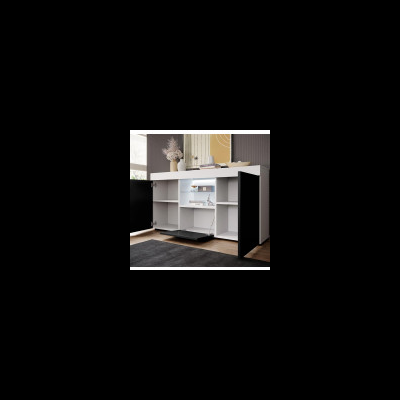 Móvel de escritório branco e preto com prateleiras e mesa para teclado