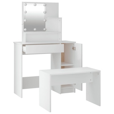 Móvel de maquilhagem branco com espelho iluminado e banco simples