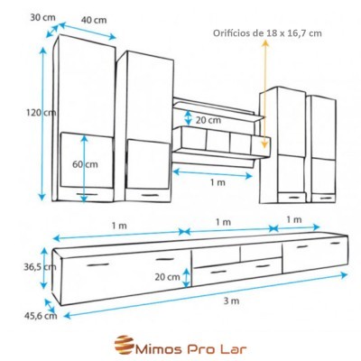 Desenho técnico de mobília modular branca para sala de estar com medidas e texto explicativo