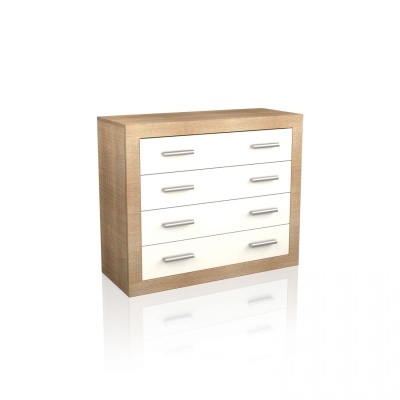 Cômoda de madeira clara com quatro gavetas brancas e puxadores metálicos