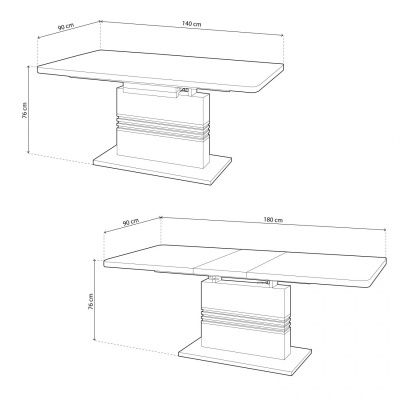 Mesa de jantar retangular extensível em desenho técnico com medidas
