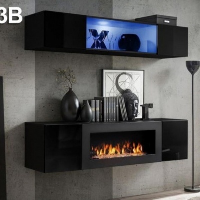 Móvel de parede preto brilhante com lareira elétrica e decoração em parede de cimento cinza