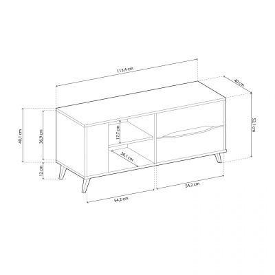 Móvel de madeira claro com pernas inclinadas e portas, com dimensões em centímetros