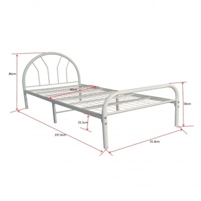 Cama metálica cinza com estrutura de grades e medidas anotadas