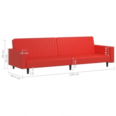 Sofá vermelho listrado com quatro pernas pretas e medidas indicadas