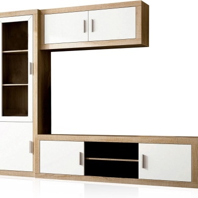 Móvel de sala em madeira com portas brancas e parte em vidro