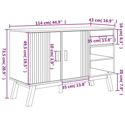 Móvel em madeira clara com portas de correr ripadas e prateleiras abertas