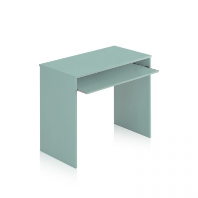 Mesa de estudo azul claro com prateleira deslizante