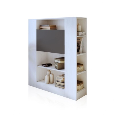 Estante moderna em madeira clara com prateleiras e porta deslizante cinzenta