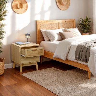Quarto com cama de madeira e cabeceira em rattan, mesa de cabeceira com gaveta e candeeiro, tapete bege e plantas, chapéus de palha na parede