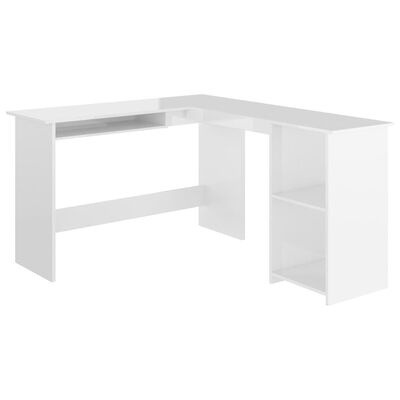 Mesa de escritório branca em forma de L com prateleiras de armazenamento